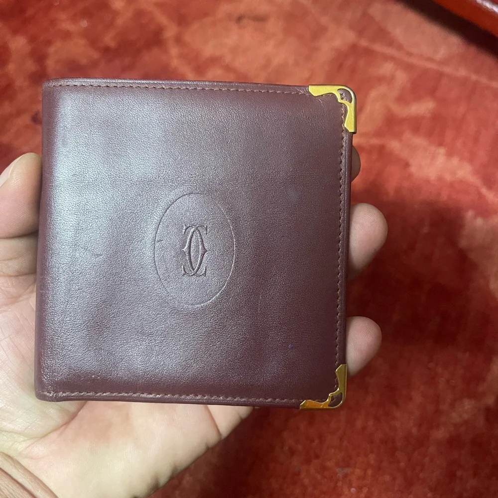 Cartier Bordeaux Red leather wallet vintage square bifold compact.